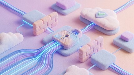 Digital landscape with clouds and circuitry connecting data blocks from various viewpoints