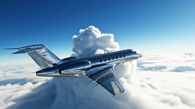 Silver private jet flying above clouds