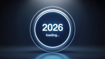 Futuristic holographic circular interface displays the year 2026 with a prominent loading status animation against a dark digital background