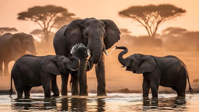 A family of elephants standing in the water during sunset