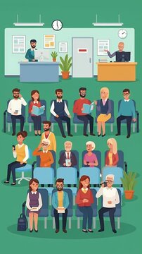 Pixel Art Waiting Room Scene with Diverse People Sitting and Staff Working
