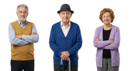 Three Senior Adults Posing Confidently with Arms Crossed on White Background