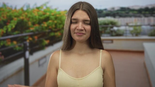 Woman waves hand and closes eyes on a building terrace outdoors; youthful hesitation doubt reflection.