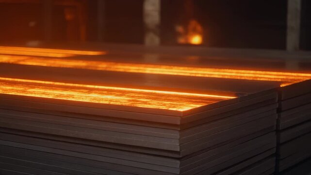 Stacks of Metal Sheets Glowing Bright Orange In Dark Industrial