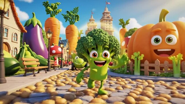 A vibrant 3D broccoli character smiling and jumping on a potato-strewn street amidst anthropomorphic vegetables in a whimsical cartoon style, set in a fantastical village with a classic Euro