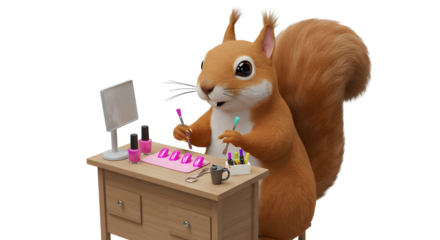 Cute Cartoon Squirrel Character Doing Manicure at Wooden Desk isolated PNG with Transparent Background