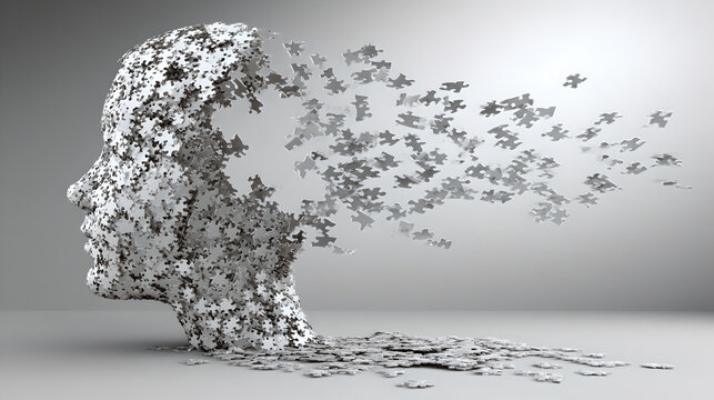 Human Head Silhouette Made Of Puzzle Pieces Scattering Into The Air 