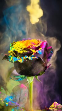 Dramatic black rose exploding with vibrant colors, creating a dynamic and artistic display.