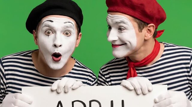 Two funny mimes holding April Fools sign on green screen background