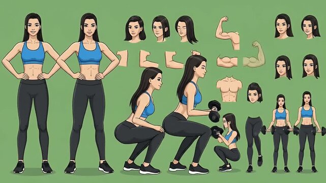 Pixel Art Woman Fitness Character Animation Sprite Sheet Blue Top