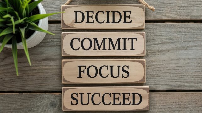 Wooden inspirational hanging blocks featuring the motivational words decide commit focus and succeed resting on a weathered wooden surface beside a small potted plant