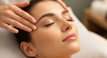 Relaxed young woman enjoys soothing facial massage at a spa.