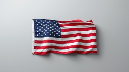 Obraz premium American flag waves gently against a soft gray wall creating a patriotic symbol of national pride and unity for the United States.