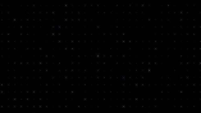 Abstract geometric pattern of glowing neon crosses on black background. Dynamic digital animation with subtle color shifts and