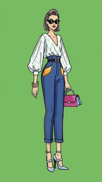 Pixel Art Woman In White Top Blue Jeans And Pink Handbag