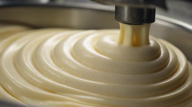 Creamy Smooth Beige Liquid Being Processed in Silver Steel Machine