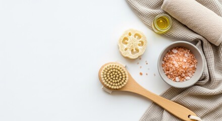 Fototapeta premium Spa essentials flat lay with natural loofah, himalayan salt, and wooden brush on white background