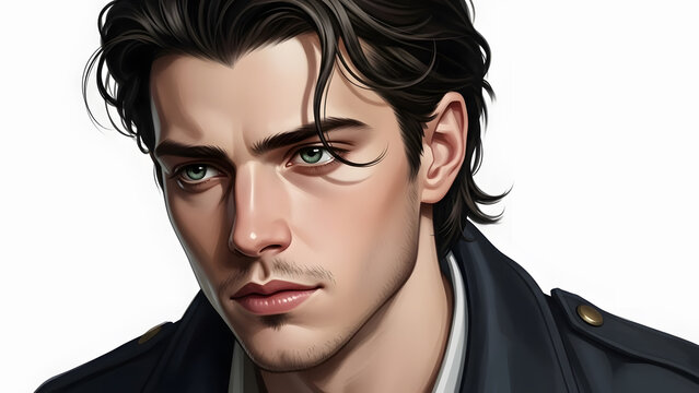 A realistic digital portrait of a handsome young man with dark wavy hair