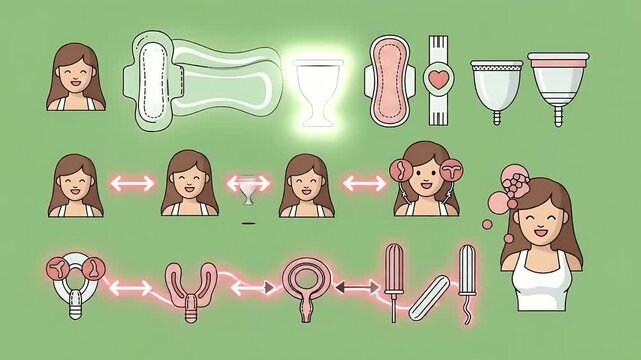 Pixel Art Woman Menstrual Cycle Products Education Green Background