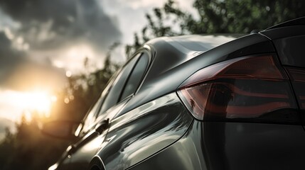 Fototapeta premium Sleek black car exterior detail with dramatic lighting and cloudy sky background