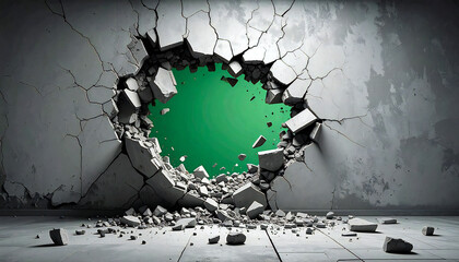 壁を突き破った穴とグリーン背景 ― 破壊と突破のコンセプト。Hole in Cracked Wall with Green Background - Breakthrough Concept.