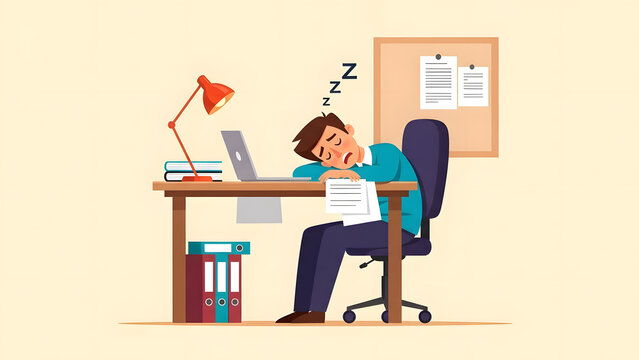 A tired office employee sleeping at his desk over his laptop