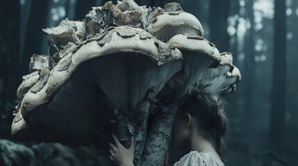 Enigmatic encounter, A woman and colossal mushrooms in a mystical forest landscape