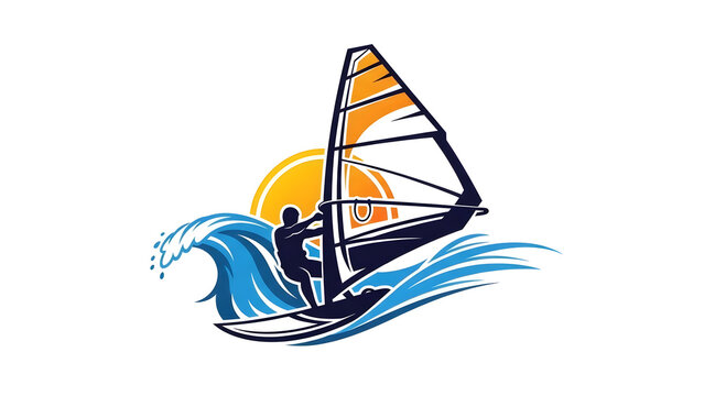 A dynamic logo showing a person windsurfing on a large ocean wave with a yellow sun in the background