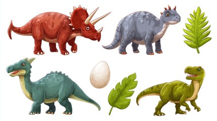 Colorful cartoon dinosaurs and egg on white background for illustration