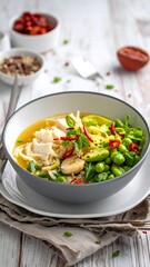 A bowl of noodle soup with vegetables and herbs on a wooden table, captured from a high angle, image (7).jpg