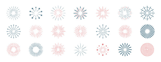 Set of abstract firework starburst explosion sunburst icons linear festive celebration elements © VANU