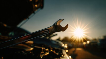 Wrench held against sunlight with open vehicle hood for repair