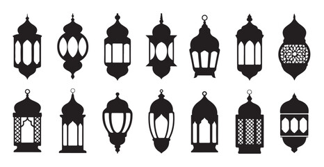 Set of ramadan kareem lantern vector silhouette with intricate details and classic shapes © VANU