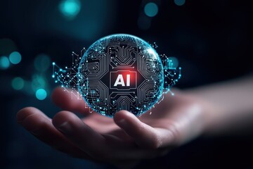 Hand holding a glowing digital sphere with circuit board patterns and AI text, representing global technology and innovation