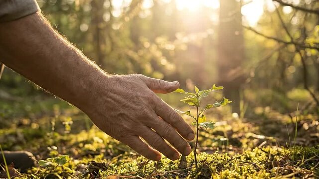 Close-up of senior male hand protecting small oak sapling in mossy sunlit forest