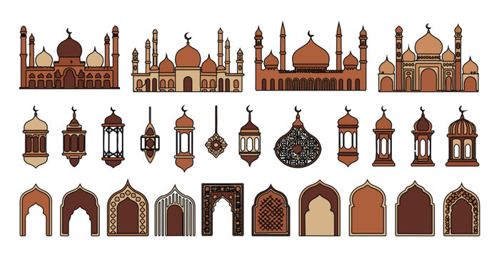 Islamic architecture and lantern set of flat line icons in earth tones and brown colors