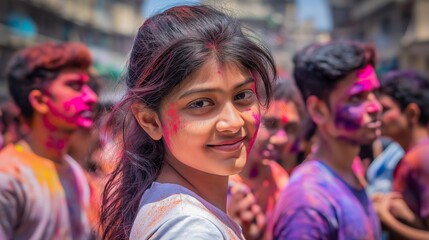 Fototapeta premium Indian girl smiling joyfully during Holi festival celebration, vibrant colors on her face, surrounded by a lively crowd, bright daylight ambiance