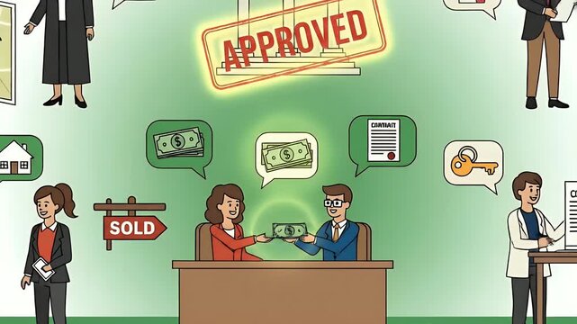 Real Estate Deal Approved with Key Sold Sign and Happy People