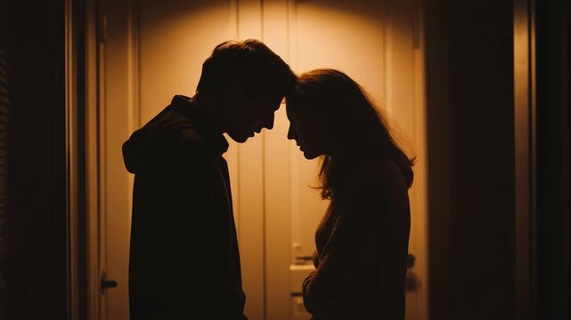 Silhouetted figures of a man and woman engaged in a close conversation against a warm-toned background.