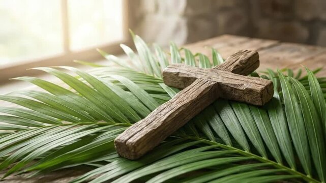 Rustic wooden cross lying on green palm leaves near window for Palm Sunday and Easter religious concept