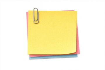 Stack of paper notes in yellow, pink, and blue, held together by a metal paper clip, offering copy space. Transparent background