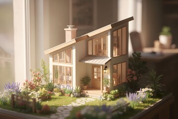 Miniature house model surrounded by lush flowers and greenery on a windowsill with natural light