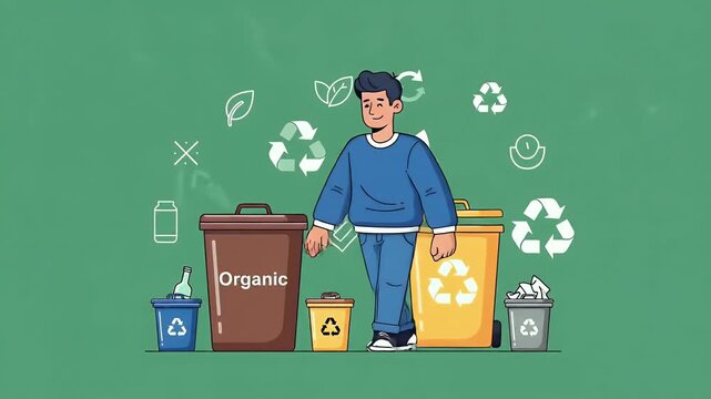 Recycling Man Puts Banana Peel In Organic Waste Bin Green Background