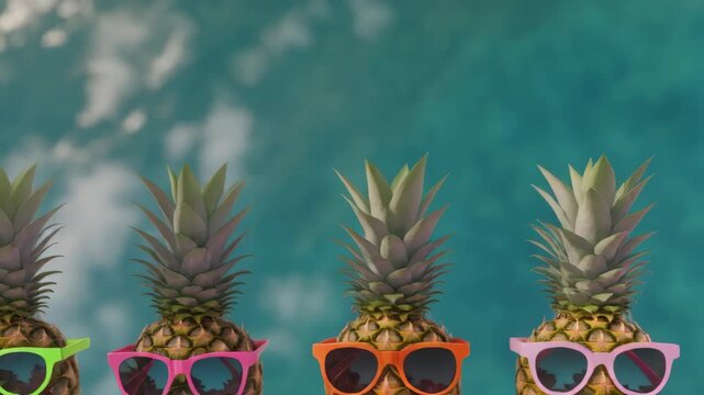 Row of Pineapples in Sunglasses with Ocean Background in Sunlight