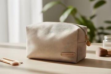 A beige cosmetic bag on a table near makeup brushes and a jar