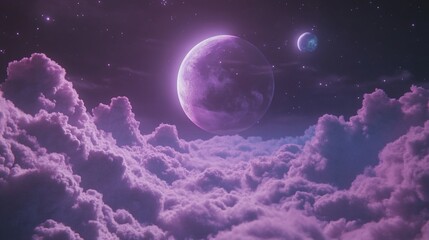 Celestial Dreamscape, A serene vista of planets and clouds in a tranquil, dreamy purple tone reflecting cosmic harmony