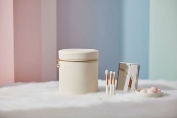A serene still life composition featuring a cylindrical container, makeup brushes, and a mirror on a soft, white surface against pastel-colored backgrounds