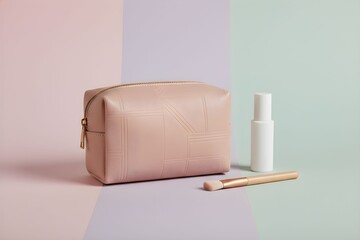 Cosmetic bag and beauty products arranged on a pastel colored surface with a cosmetic brush and spray bottle
