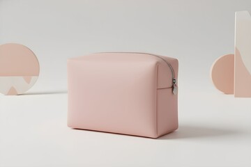 A soft pink leather box with a subtle sheen is centered on a white surface, surrounded by minimalist geometric shapes, viewed from a slight elevation.