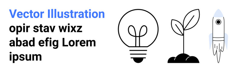Innovation, sustainability, energy, exploration, growth, progress. Light bulb, sprout and rocket creativity eco-conscious growth and progress. Innovation and sustainability © robu_s